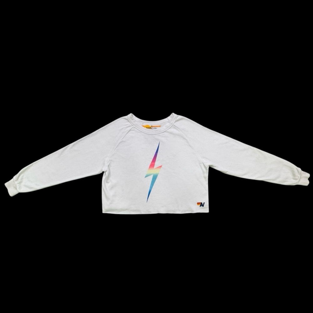 Aviator Nation White Cropped Lightning Bolt Sweatshirt RARE - Medium - Picture 2 of 7